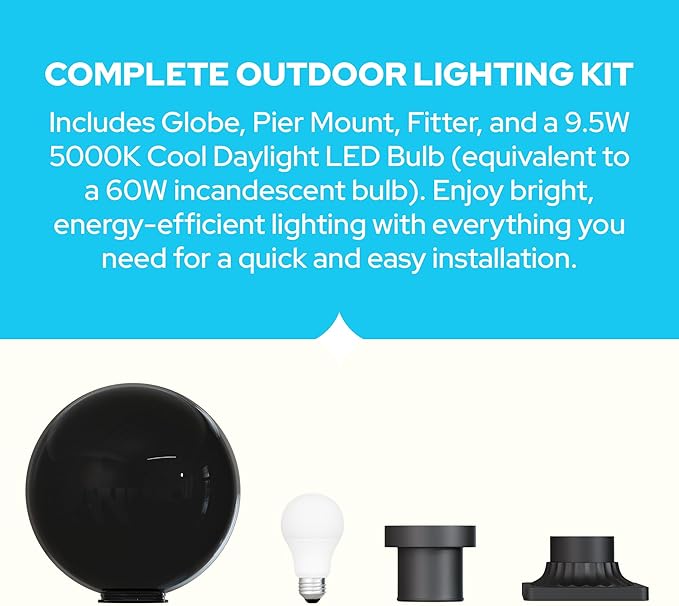 KASTLITE 12" Globe Pier Mount Outdoor Lighting with LED Lamp | UV & Waterproof Pillar & Column Lights | Deck Driveway Yard Patio & Garden Fixture | Made in USA | Smoke Cover, Black Decorated Base