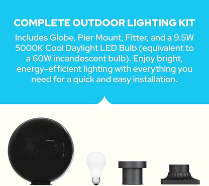 KASTLITE 12" Globe Pier Mount Outdoor Lighting with LED Lamp | UV & Waterproof Pillar & Column Lights | Deck Driveway Yard Patio & Garden Fixture | Made in USA | Smoke Cover, Black Decorated Base