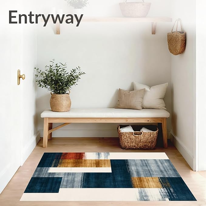 Flatwoven High Traffic Area Rug 6x9, Eclectic Funky Ink Wash Design Abstract Area in Multi Tone, Non Slip, Stain Resistant, Washable Area Rugs for Living Room, Bedroom (Blue, 6x9)