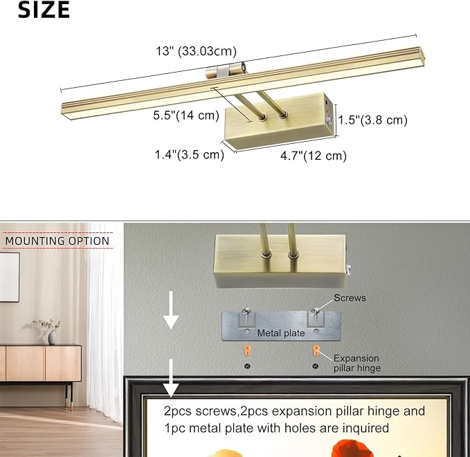 FUNCHDAY Picture Light,Battery Art Lights for Wall,Wireless Remote Painting Light with Timer and Dimmable,13”Metal Display Lighting for Artwork,Portrait,Gallery-Antique Brass