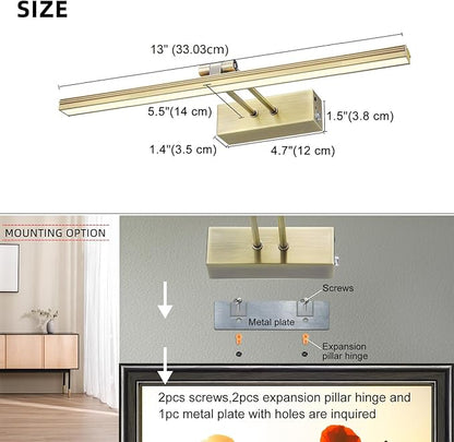 FUNCHDAY Picture Light,Battery Art Lights for Wall,Wireless Remote Painting Light with Timer and Dimmable,13”Metal Display Lighting for Artwork,Portrait,Gallery-Antique Brass