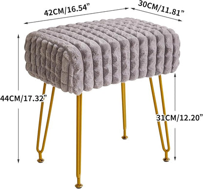 IBUYKE Rectangular Footrest Stool Ottoman, Makeup Vanity Stool Side Table, Velvet Dressing Table Seat, Footstool Chair, Golden Steel Legs, for Makeup Room, Bedroom, Square Grid Pattern, Grey WBD003G