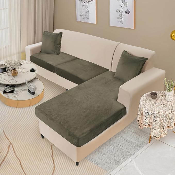 Sectional Couch Cover 3 Pieces Velvet Separate Couch Cushion Covers L Shape Soft Stretch Sofa Slipcovers with 2pcs Pillowcases for Left/Right Chaise Sectional Couch(2 Seater+1 Chaise,Olive Green)