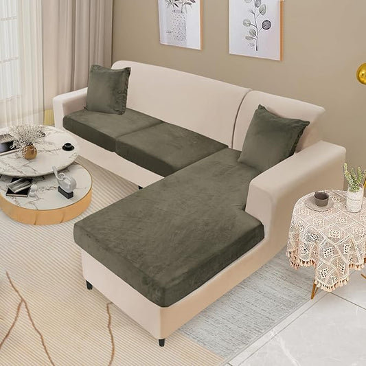 Sectional Couch Cover 3 Pieces Velvet Separate Couch Cushion Covers L Shape Soft Stretch Sofa Slipcovers with 2pcs Pillowcases for Left/Right Chaise Sectional Couch(2 Seater+1 Chaise,Olive Green)
