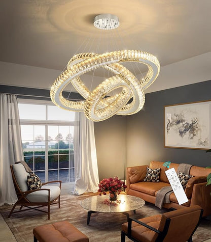 3 Rings Chandelier Modern Dimmable High Ceiling Large Ring Chanderliers Entryway Crystal Pendant Lights for Entryway Foyer Living Room Silver Light