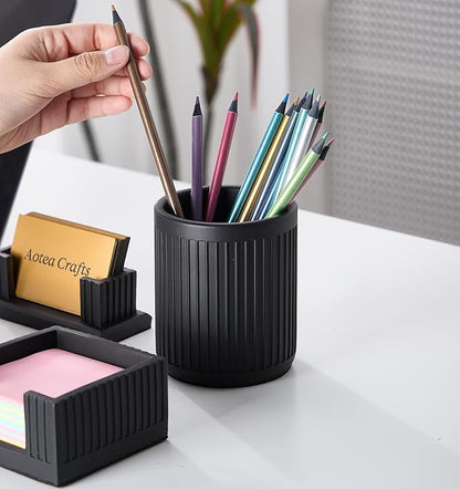 Aotea Crafts Concrete Modern Industrial Pen Holder for Desk - Aesthetic Charcoal Black Pencil Holder for Desk- Handcrafted Cement Fluted Pen Cup Organizer - Minimalist & Durable
