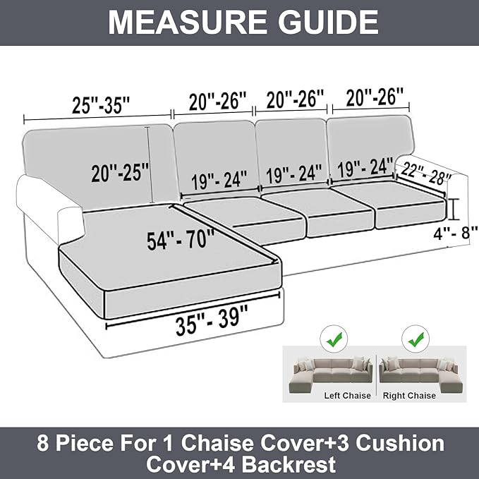 NAISI Sectional Couch Covers 8 Pieces Velvet Couch Cushion Covers L Shape Soft Stretch Sofa Slipcovers with 2pcs Pillowcases for Left/Right Chaise Sectional Couch(3 Seater+1 Chaise+4 Back,Dark Grey)