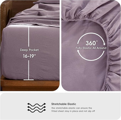 MooMee Bedding Sheet Set 100% Washed Cotton Linen Like Textured Breathable Durable Soft Comfy (Solid Taro Purple, Queen)