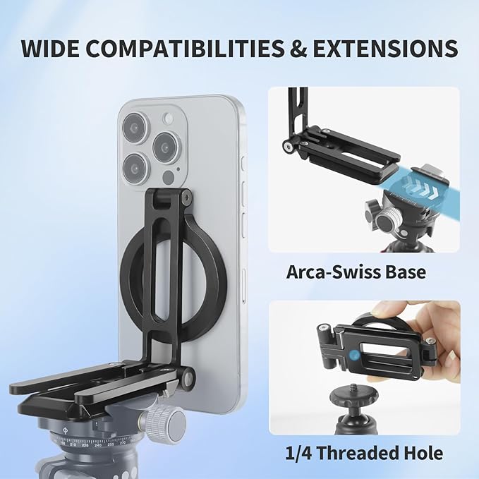 FIFIELD Magnetic Phone Tripod Stand 1/4" Screw Aluminum Mini Foldable Tripod for Cell Phone, Travel Essential Adjustable iPhone Stand for Desk/Handheld, Compatible with iPhone 16/15/14/13/12 Series