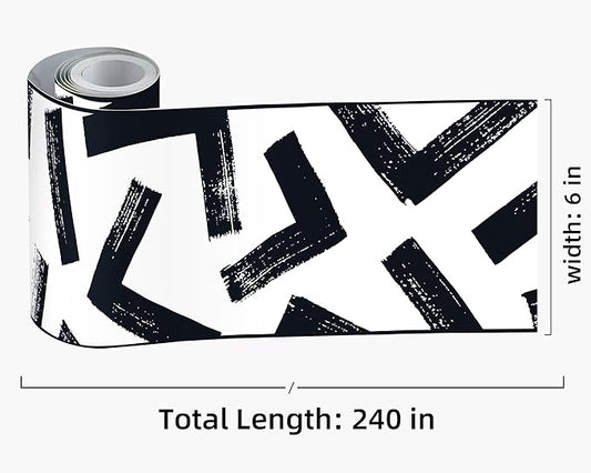 FLFK Black and White Design Wallpaper Border - Peel and Stick Wall Paper, Self Adhesive Removable PVC Borders Sticker, Modern Waterproof Trim for Home Decor, 6" x 240"