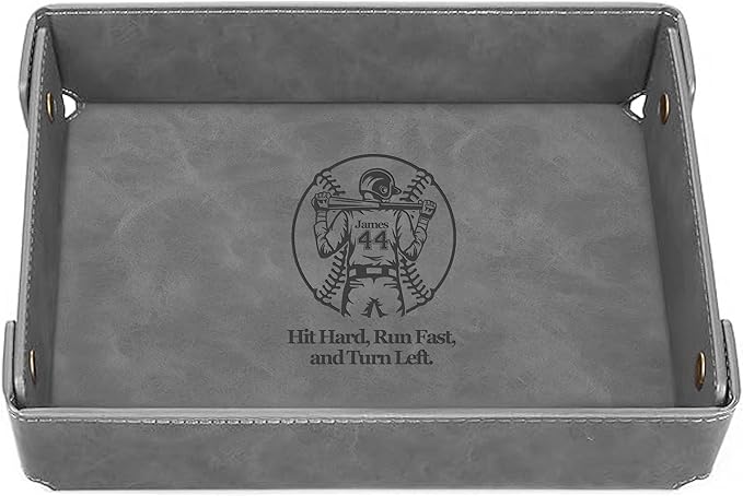 Engraved Baseball Valet Tray –Personalized Leather Catchall with Custom Name –Men’s Nightstand Organizer for Keys, Wallet, Jewelry, and Essentials – Unique Baseball Fan Gift for Home or Office - Grey