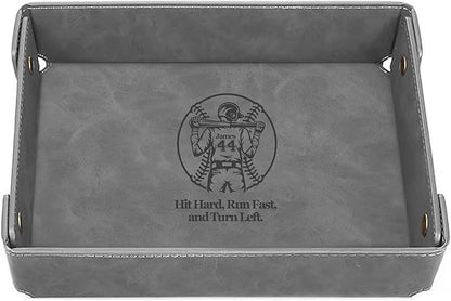 Engraved Baseball Valet Tray –Personalized Leather Catchall with Custom Name –Men’s Nightstand Organizer for Keys, Wallet, Jewelry, and Essentials – Unique Baseball Fan Gift for Home or Office - Grey