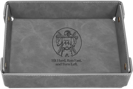 Engraved Baseball Valet Tray –Personalized Leather Catchall with Custom Name –Men’s Nightstand Organizer for Keys, Wallet, Jewelry, and Essentials – Unique Baseball Fan Gift for Home or Office - Grey