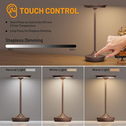 2 Pack LED Rechargeable Cordless Table Lamps, Portable Outdoor Battery Operated 3 Color Stepless Dimming Tables Light with Memory Function for Patio Restaurant Dining Room Rust