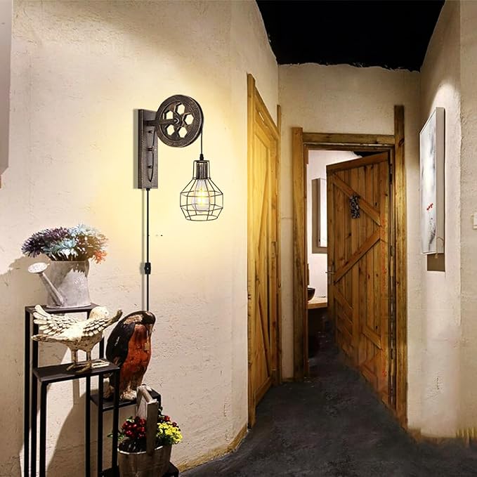 Plug in Wall Sconce Rustic Wall Light Lift Pulley Matte Iron Cage Shade Industrial Mid Century Wall Lamp Indoor Lighting Barn Restaurant (Bronze Color)