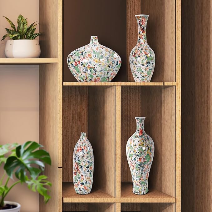 Howard Elliott Jardin Colore Multicolor Ceramic Short Vase with Glossy Finish, Modern Abstract Accent Home Decoration Vase for Table Centerpiece, Flowers, Bookshelf & Living Room, 14.5 x 5 x 5 Inch