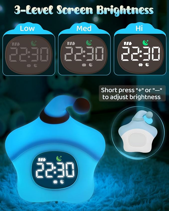 Star Alarm Clock with Night Light for Kids with Sleep Training and Sound Machine, Rechargeable Silicone Lamp OK to Wake Clock, Cute Animal Tabletop Lamp, Perfect Sleep Companion for Boys Girls, Blue