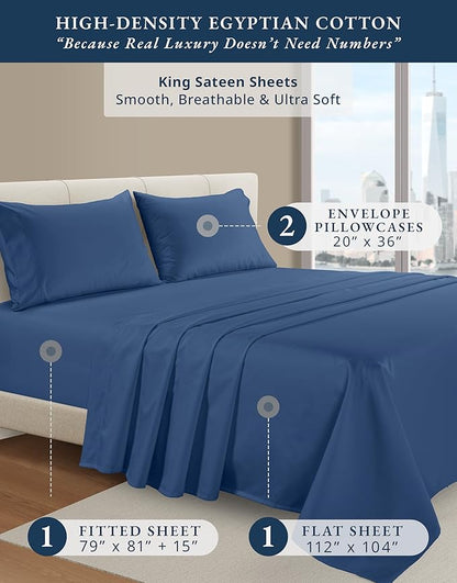 LANE LINEN 100% Egyptian Cotton King Size Deep Pocket Sheet Sets, Soft & Comfy Natural Cooling Mercerized Cotton King Size Sheets Set 15" Deep Pocket - Set Sail
