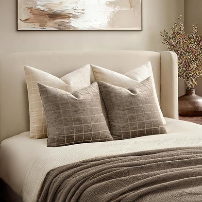 MIULEE Decorative Chenille Check Throw Pillow Covers Vintage Plaid Couch Pillows 20x20 Inch Set of 2 Neutral Boho Farmhouse Cushion Covers Modern Spring Home Decor for Sofa Bed Living Room Taupe Grey