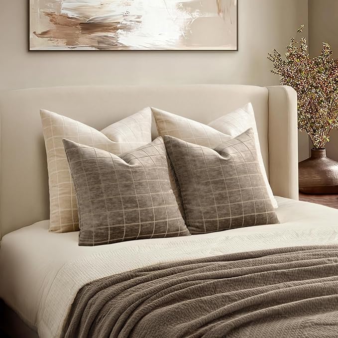 MIULEE Decorative Chenille Check Euro Shams Throw Pillow Covers Vintage Plaid Couch Pillows 26x26 Inch Set of 2 Neutral Boho Cushion Covers Modern Spring Decor for Sofa Bed Living Room Taupe Grey
