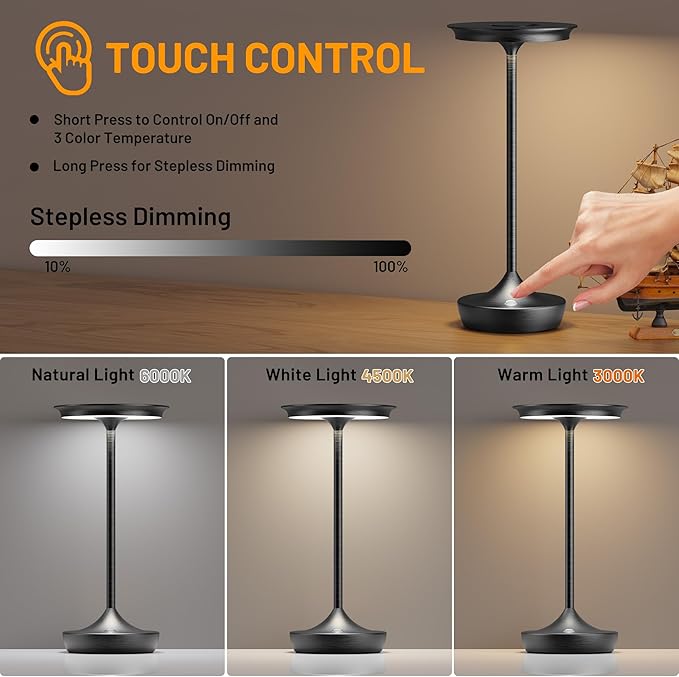 LED Cordless Table Lamps Rechargeable - Outdoor 6000mAh Battery Operated Portable Table Lights 3 Color Stepless Dimming Lamp with Memory Function for Patio Restaurant Dining 2 Pack Black
