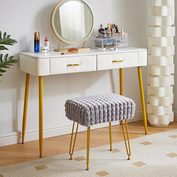 IBUYKE Rectangular Footrest Stool Ottoman, Makeup Vanity Stool Side Table, Velvet Dressing Table Seat, Footstool Chair, Golden Steel Legs, for Makeup Room, Bedroom, Square Grid Pattern, Grey WBD003G