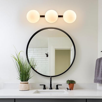 Bathroom Vanity Mirror Light Fixtures: 3 Lights Bath Wall Sconce Lighting - Black Vanity Lights with Milk Glass Shade - Modern Minimalist Makeup Light Fixture above Mirror for Hallway Bedroom E26 Base