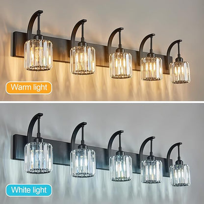 5-Light Crystal Vanity Light, Modern Black Bathroom Wall Sconce with K9 Crystal Shades, 42.51" Long Over Mirror Lighting for Vanity, Makeup, Hallway, Elegant & Easy Installation