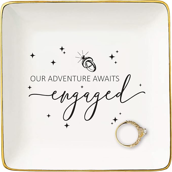 NZY Our Adventure Awaits-Got Engaged Gifts for Newly Engaged Couple-Happy Engagement Gifts for Bride,Bride to Be Present-Wedding Present-Ceramic Jewelry Tray Trinket Holder Ring Dish