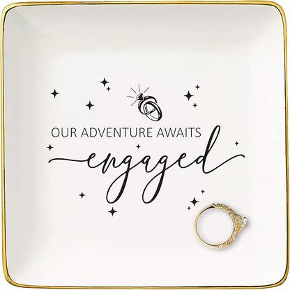 NZY Our Adventure Awaits-Got Engaged Gifts for Newly Engaged Couple-Happy Engagement Gifts for Bride,Bride to Be Present-Wedding Present-Ceramic Jewelry Tray Trinket Holder Ring Dish
