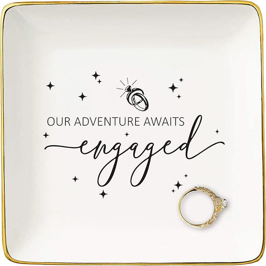 NZY Our Adventure Awaits-Got Engaged Gifts for Newly Engaged Couple-Happy Engagement Gifts for Bride,Bride to Be Present-Wedding Present-Ceramic Jewelry Tray Trinket Holder Ring Dish