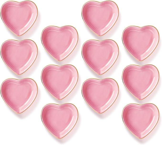 Shappy 12 Pcs Valentine Ceramic Jewelry Tray 4.5 in Pink Heart Ring Dish Trinket Gift for Women Birthdays Party Decoration
