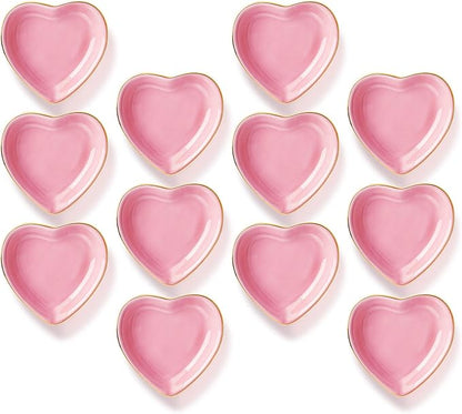 Shappy 12 Pcs Valentine Ceramic Jewelry Tray 4.5 in Pink Heart Ring Dish Trinket Gift for Women Birthdays Party Decoration