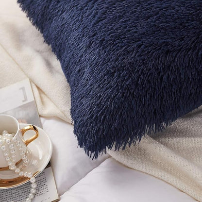 Uhamho Set of 2 Standard Pillowcases Faux Fur Throw Pillow Covers Shams Soft Velvet Decorative Zipper Closure (Navy, 20"x26")