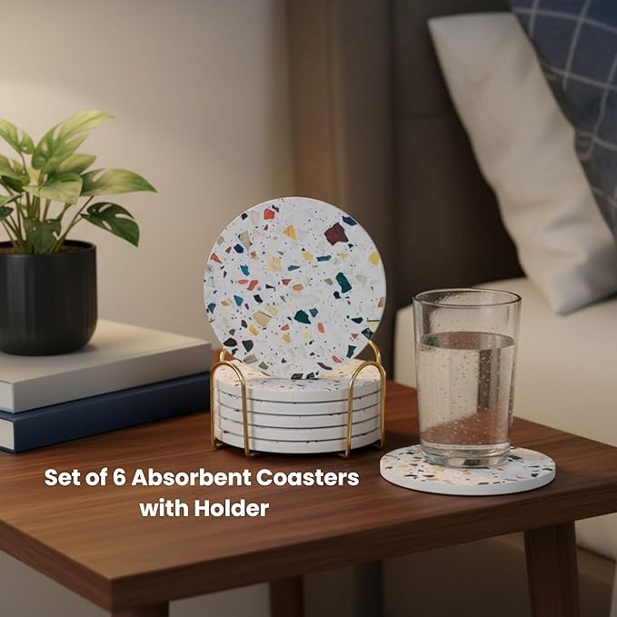 Terrazzo Drink Absorbent Coasters with Holder Set of 6, Ceramic Coaster for Drinks, Coffee Table Decor, Water Absorbing Stone Coaster for Drinks (Mosaic)