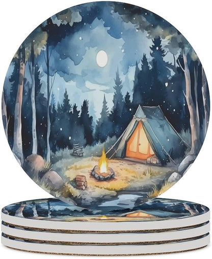 Forest Drink Coasters, Round Ceramic Drink Coaster Round-4PCS, Watercolor Mountain Forest Nature Tree Woodland Camping Decor Absorbent Ceramic Coasters for Beverage Cup, Bar, Coffee Table