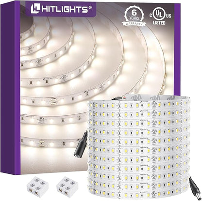 HitLights White LED Strip Lights 4000K 24V, 26.2ft Cuttable Tape Backed 3oz PCB, UL Listed, 1325 Lumen/m, CRI>95, IP20, Lighting for Living Room, Kitchen, Under Cabinets (Power Source Not Included)