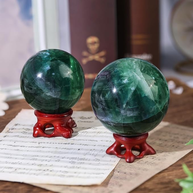 Sportmusies Natural Fluorite Stone Ball with Resin Base, Polished Fluorite Sphere Figurine Desk Home Reiki Healing Decoration, 2.4-2.75 inches