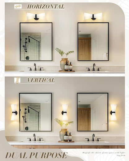 Modern Black Wall Sconce, HWH Up and Down Indoor Sconces Wall Lighting with Frosted Milk White Striped Glass Shade, Hardwired Wall Mounted Vanity Lamp for Bathroom, 5HZG97B-2W BK