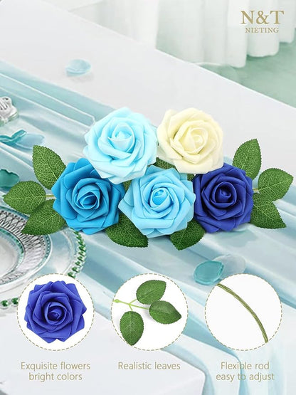 N&T NIETING Blue Roses Artificial Flowers, 25pcs Fake Flowers Rose Perfect for DIY Wedding Bridesmaid Bridal Bouquets Centerpieces Home Flower Arrangement Decoration, Series Blue