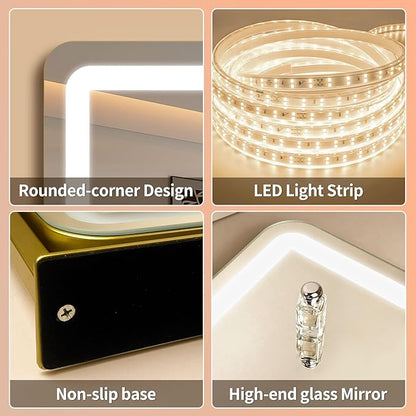 HNV 15"x13" Gold Vanity Mirror with Lights, Small LED Makeup Mirror for Desk, 3 Color Modes & Dimmable Touch Control, 360° Rotation Metal Frame, USB Plug-in Lighted Mirror for Bedroom, Dorm, Teen Gift
