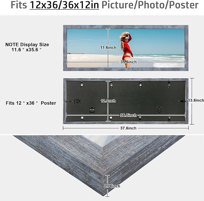 12x36 Frame Rustic Blue, 36x12 Picture Poster Frame, Horizontal Vertical Hanging, 12 by 36 Wall Gallery Family Concert Portrait Photo Frame Anniversary/Birthday/Wedding/Thank you/Christmas Gift