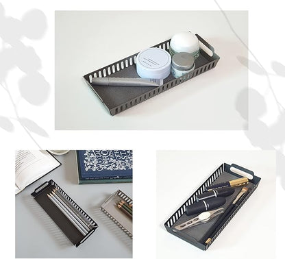 Metal Pen Pencil Tray Holder Office Desk Drawer Organizer Small Vanity Accessory Storage (Black)
