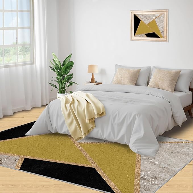 Geometric Marble Area Rugs for Living Room Black Gold Marble Rug Triangular Geometric Carpet Modern Minimalist Door Mat for Bedroom Hardwood Floors 7x8ft