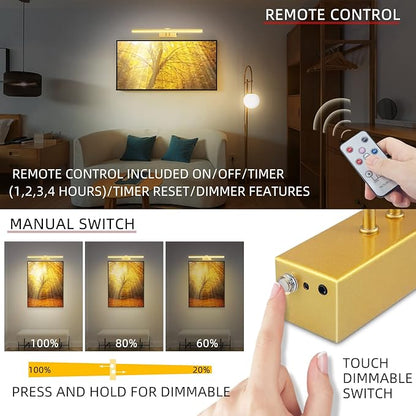 FUNCHDAY Picture Light,Battery Operated Picture Light for Wall,Wireless Remote Painting Light with Timer and Dimmable,16”Metal Art Light for Display,Wall,Artwork,Portrait,Gallery Gold-6000K