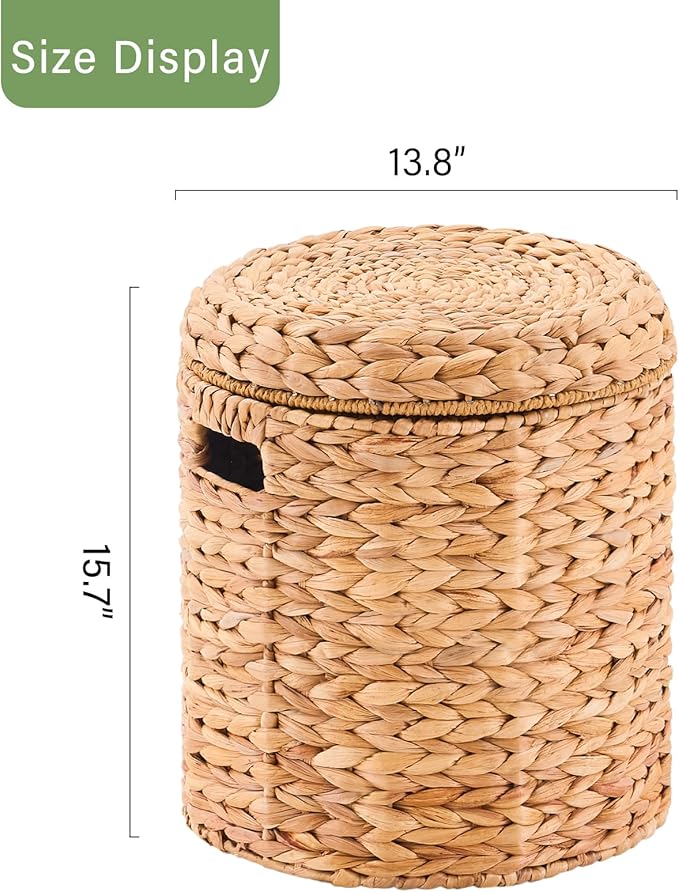 Wimarsbon Round Pouf Ottomans, Handwoven Natural Water Hyacinth Seagrass Pouffe,Outdoor Rattan Stool Accent Seat, Bohemian Coastal Home Decor (Storage - 14inch Water Hyacinth Braid)