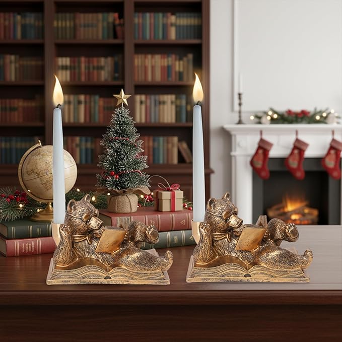 Gold Animal Candle Holders - Bear Set of 2 Vintage Rustic Pedestal Candlesticks, Easter Decorations, Centerpieces for Fireplace Mantle & Dining Table