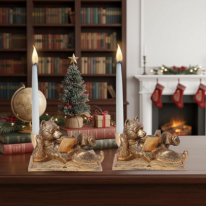 Gold Animal Candle Holders - Bear Set of 2 Vintage Rustic Pedestal Candlesticks, Easter Decorations, Centerpieces for Fireplace Mantle & Dining Table