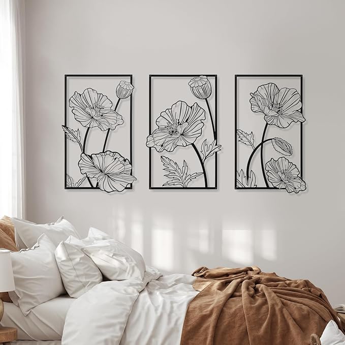 Therwen 3 Pcs Black Metal Wall Art Minimalist Wall Decor for Bedroom Flowers Decor Hanging Flower Bathroom Art Flower Line Sculpture Kitchen Decoration 16.5 x 9.8 Inch