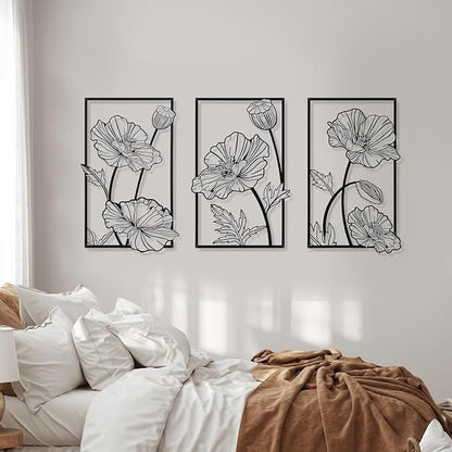 Therwen 3 Pcs Black Metal Wall Art Minimalist Wall Decor for Bedroom Flowers Decor Hanging Flower Bathroom Art Flower Line Sculpture Kitchen Decoration 16.5 x 9.8 Inch